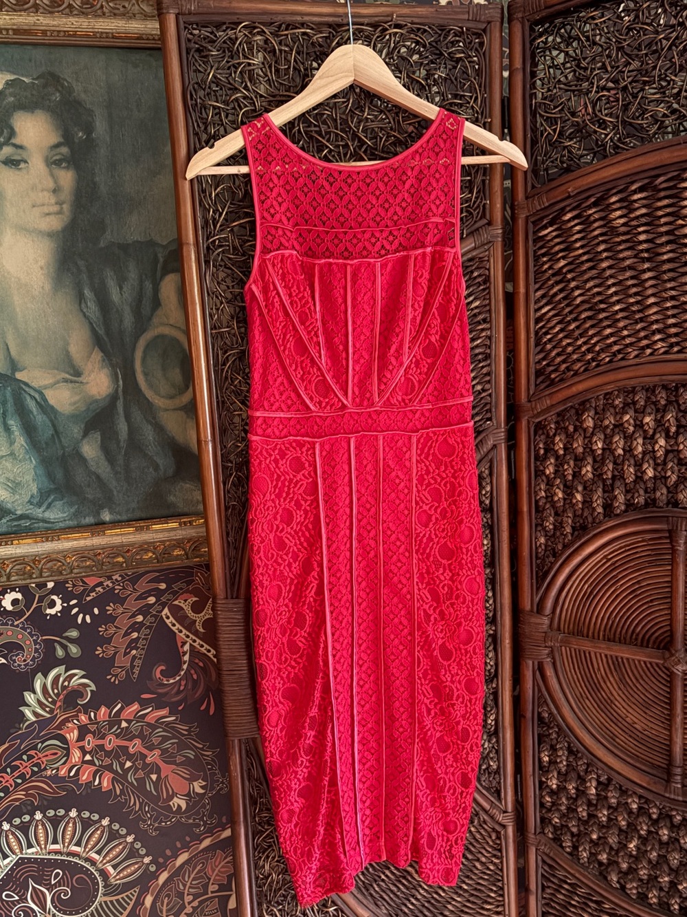 Bebe Red Lace Bodycon Midi Dress Corset Detail Sheath Size 4